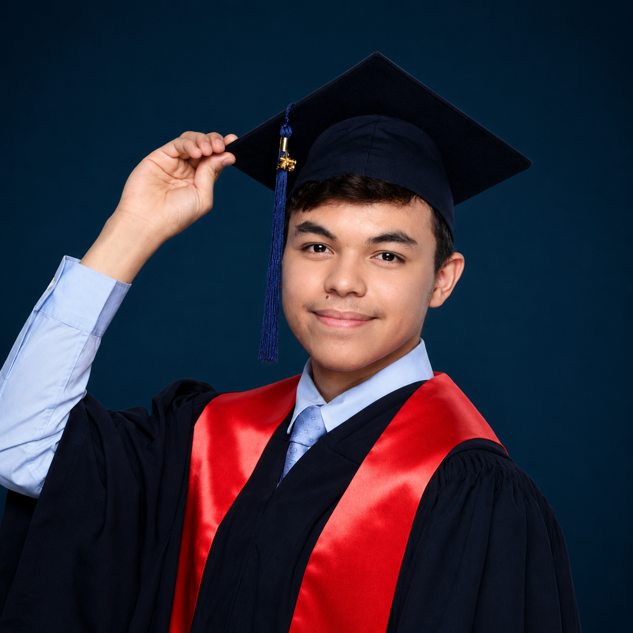 Ismail in cap and gown with a red sash, professional graduation portrait